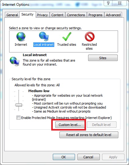Internet Options Security tab