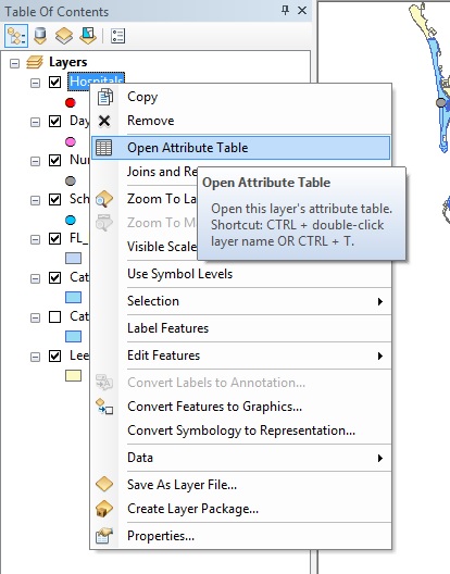 Right-clicking the layer displays the Open Attribute Table option.
