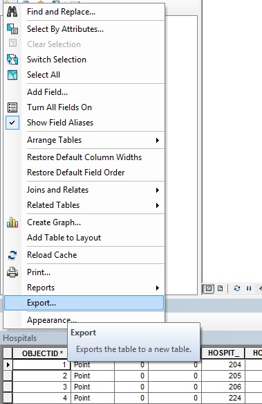 The Table Options drop-down menu displaying the Export option.