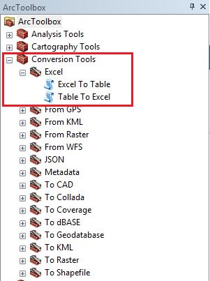 The ArcToolbox pane displaying the Conversion Tools where the Table To Excel tool is found in.