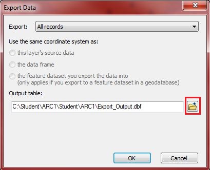 The Export Data window displaying the Output table parameter.