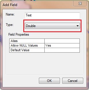 The Add Field window displaying the Double type as the selected field type for the new field.