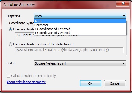 The Calculate Geometry window displaying the Property, Coordinate System and Units properties. Click OK