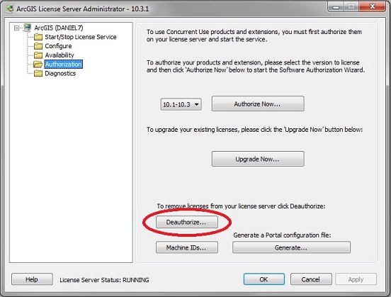 Deauthorize button in ArcGIS License Server Administrator