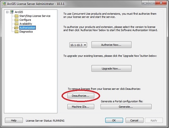 Image of the Authorization page in ArcGIS License Server Administrator