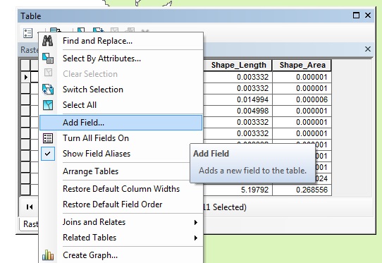 The attribute table displaying the Table Options drop-down menu, and the option to add field.