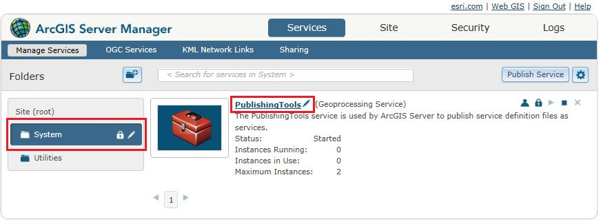Selecting the service to modify in ArcGIS Server Manager