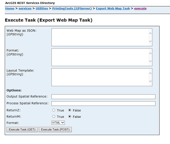 The Execute Task page in the ArcGIS REST endpoint