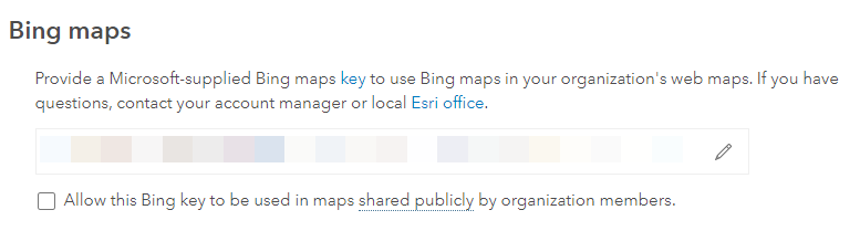 The Bing maps section in ArcGIS Online to paste the Bing Maps Key