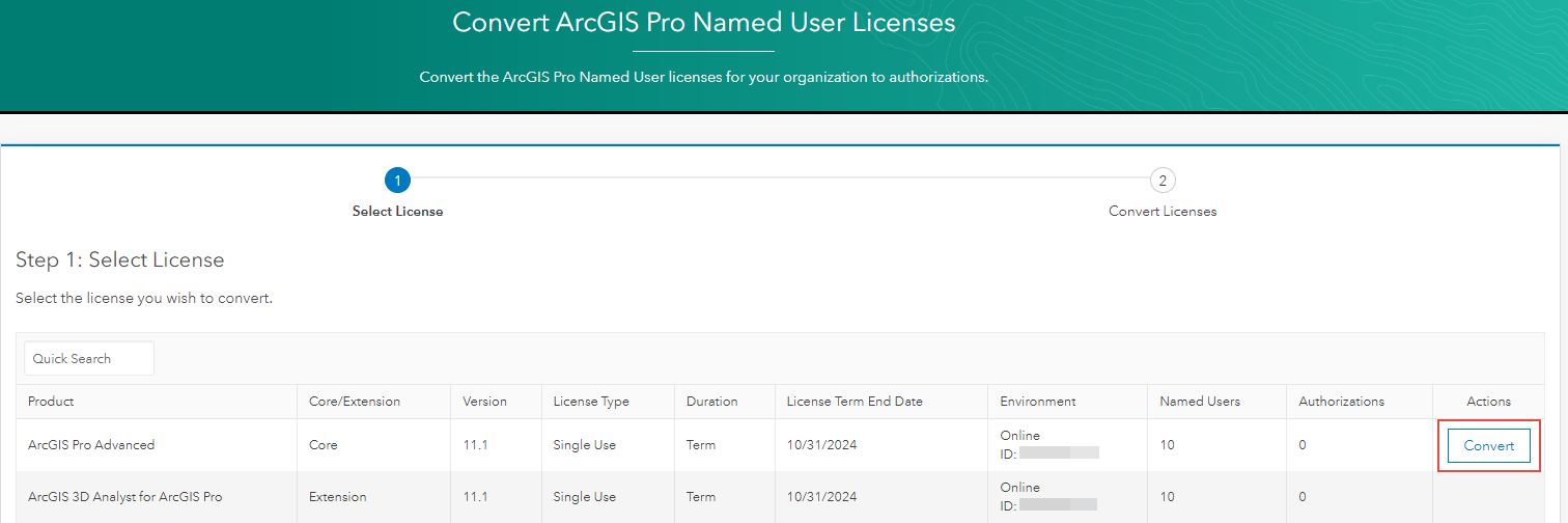 Convert ArcGIS Pro Named User License page Convert button