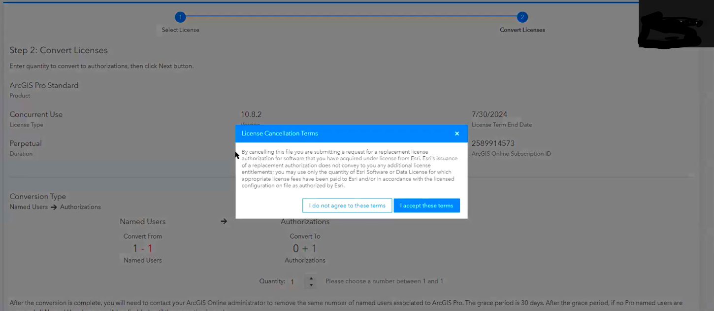 The License Cancellation Terms pop-up window