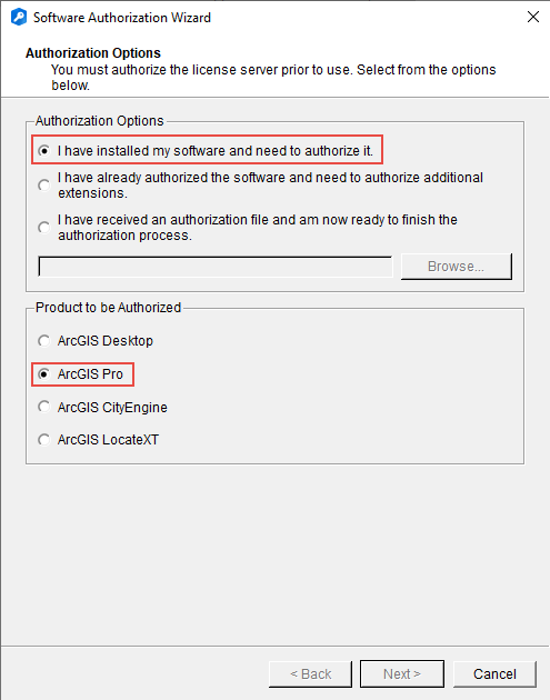 The Authorization Options in the Software Authorization Wizard window