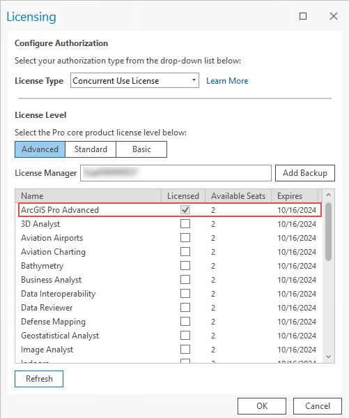 Selecting ArcGIS Pro Concurrent license in Licensing window