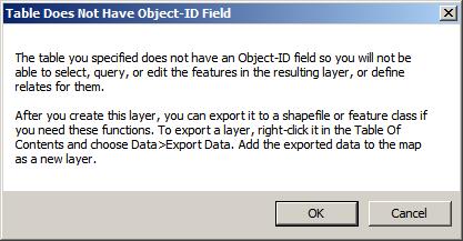 Table Does Not Have Object-ID Field warning message.