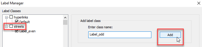 The name of the layer is highlighted in the Label Classes tree view, and the Add Label Class text box contains 'Label_odd'
