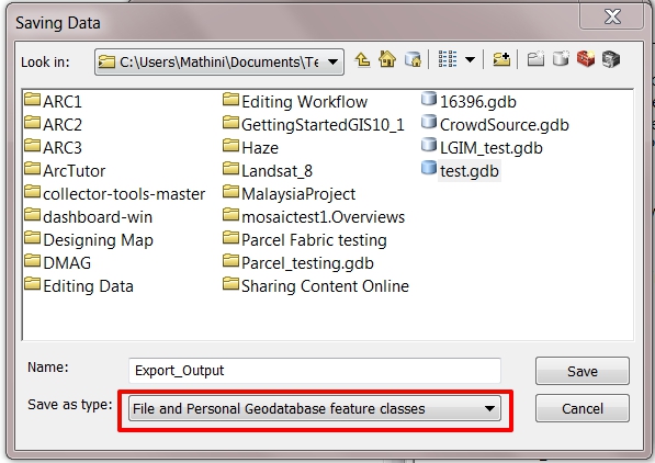 The Saving Data window displaying the output location when saving as a feature class in a geodatabase.