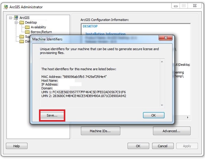 Clicking save in the Machine Identifiers dialog to save the machine ID as a text file.