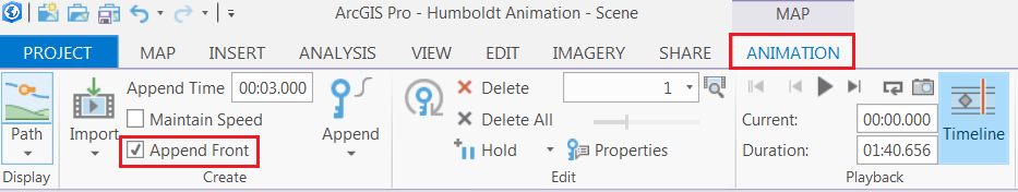 An image showing the Append Front check box in the Animation tab. This option allows newly created keyframes to be appended to the start of the animation in ArcGIS Pro.