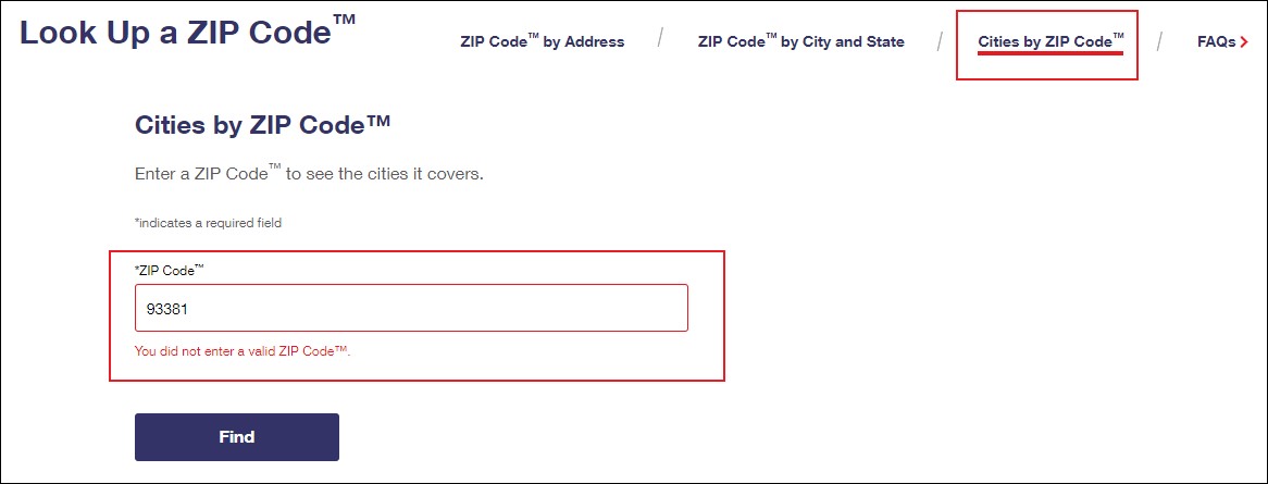 The invalid Zip Code does not return result in the Cities by ZIP Code page.