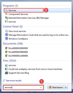 Image shows how to search and open the Services window.
