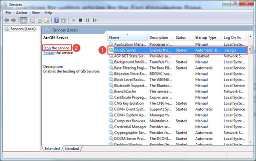 The Image displays how to stop the ArcGIS Server service