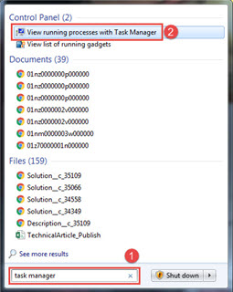 Image shows how to search and open the Task Manager in Windows.