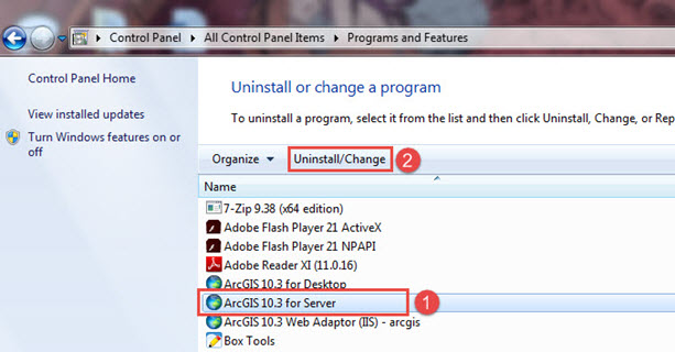 Image shows how to repair ArcGIS for Server from the Control Panel.
