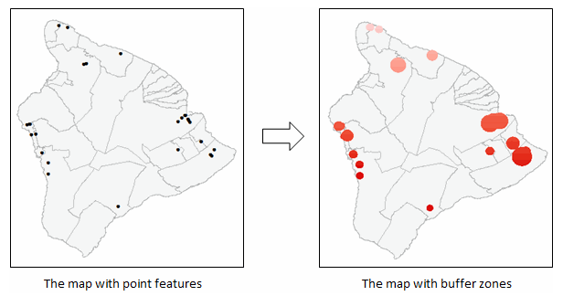 Image of the map before and after using the Buffer tool