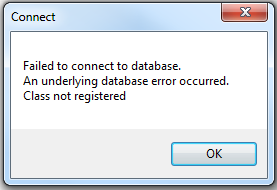 Failed to connect to database. An underlying database error occurred. Class not registered