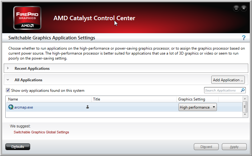 Screenshot showing AMD Catalyst Control Center setting arcmap.exe to High Performance