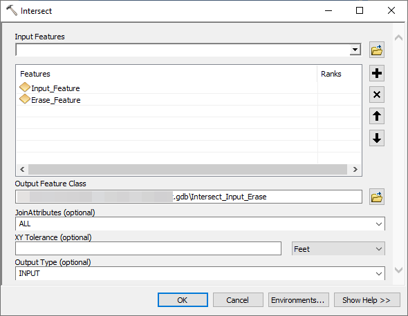 The Intersect tool window with the parameters filled