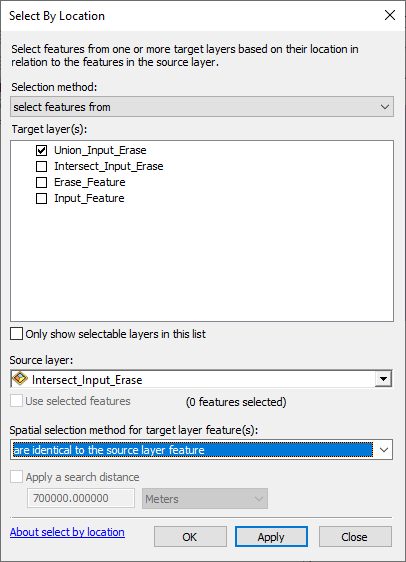 The Select By Location tool window with the parameters filled