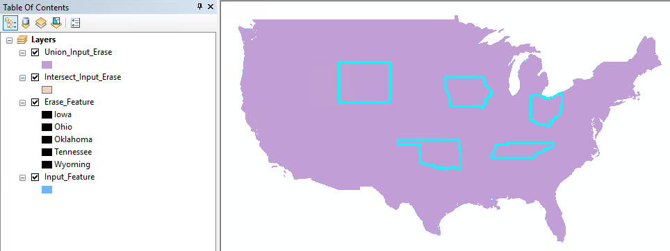 The selected overlapping areas between the Union_Input_Erase and Intersect_Input_Erase feature layer on the map, and the Table Of Contents