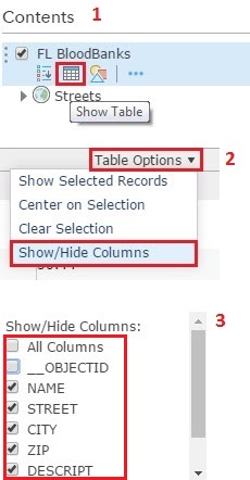 Image of the table options and checkboxes