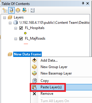 An image of pasting the selected layers in the new data frame.