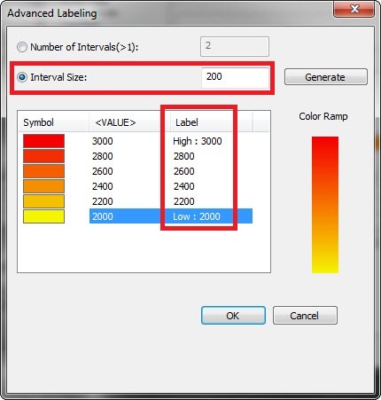 Setting the interval size and label name in the Advanced Labeling window