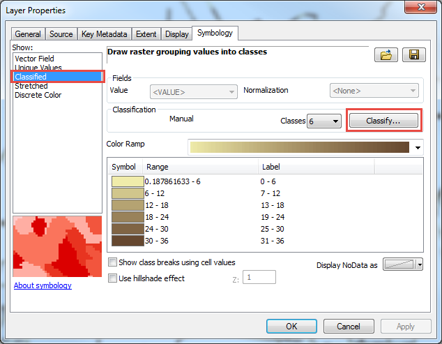 In the Layer Properties window, group the raster values into classes.