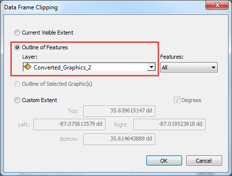 In the Data Frame Clipping window, select the option Outline of Features.