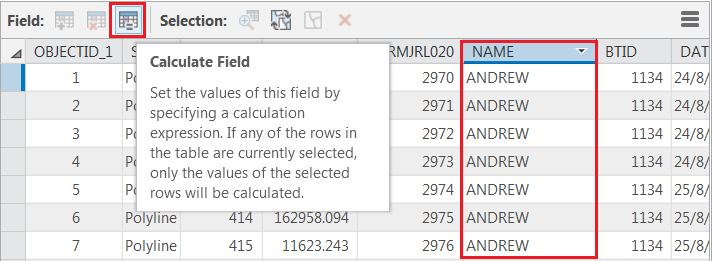 The Calculate Field icon on the top panel of the attribute table.