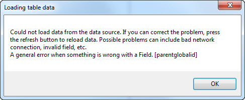 Screenshot of the Loading table data error