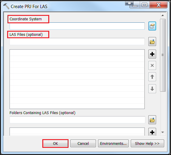 The Create PRJ for LAS tool dialog box.