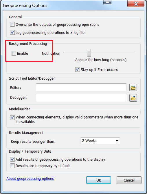 The image of the Geoprocessing Options dialog box.