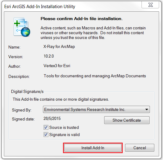 An image of the Esri ArcGIS Add-In Installation Utility.
