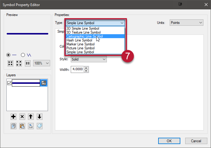 7. At the top of the Symbol Property Editor, choose Type: Cartographic Line Symbol.