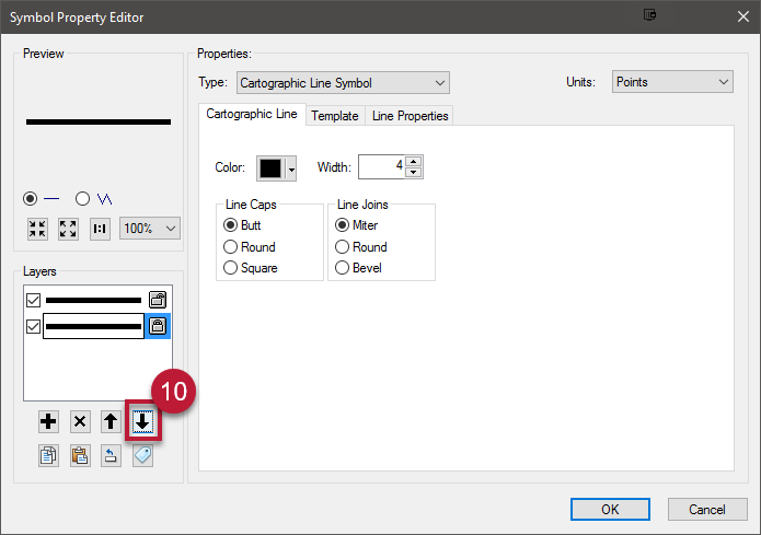 10. Click the down arrow on the left to be sure the second line you added is at the bottom of the list of symbol layers.