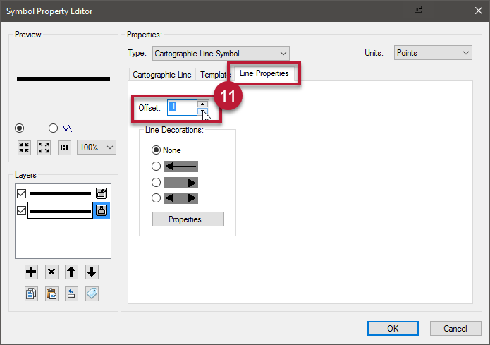 11. Go to the Line Properties tab and increase or decrease the offset - this creates the shadow. Click OK twice.