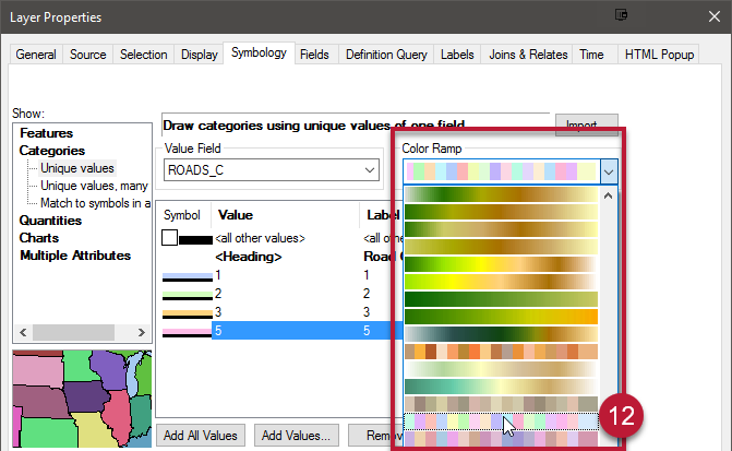12. Apply unique&nbsp;colors to the lines by clicking the&nbsp;Color Ramp&nbsp;drop-down above the top right of the value table. Choose a ramp with separated color blocks with a variety of colors.