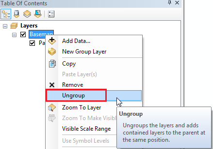 Ungrouping the layers from a group layer.