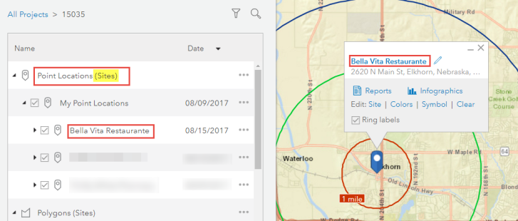 The picture shows the location saved as a site