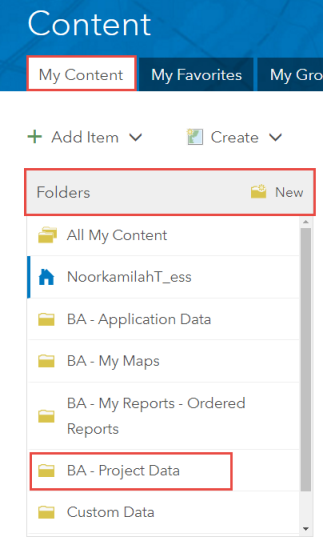 The picture shows the Folder tab containing the BA-Project Data 